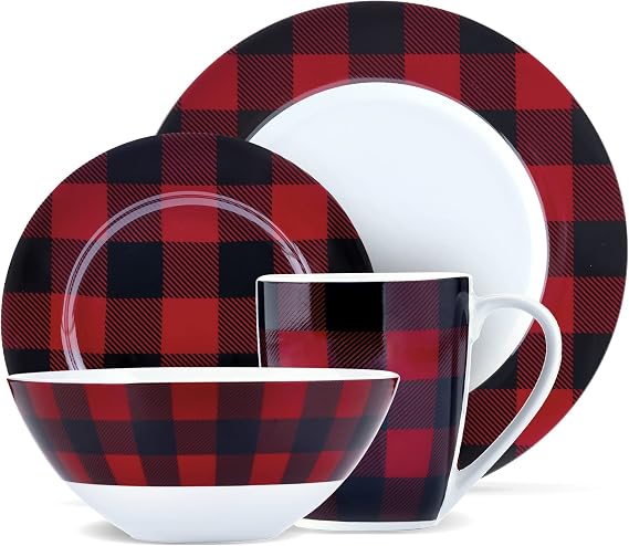 Safdie & Co. 16-Piece Red Black Plaid Dinnerware Set Porcelain Bowl Plate with Mug Dishwasher Safe