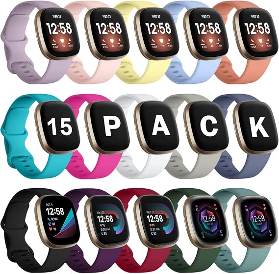 GEAK 15 Pack Compatible with Fitbit Versa 3 Bands/Versa 4 Bands/Fitbit Sense 2/Sense Bands,Soft Replacement Waterproof Sport Watch Strap Wristband for Fitbit Versa 3 Bands for Women Men Small