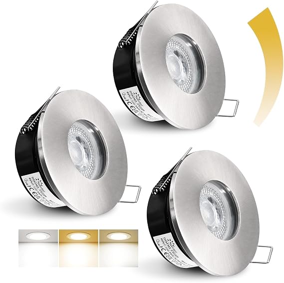 Sweier LED Downlights, 5W IP65 Bathroom Spotlights Dimmable 3000K/4000K/6000K, 480LM Nickel Recessed Ceiling Lights for Shower Cut Out Φ68-75mm Hole, 3 Pack [Energy Class E]
