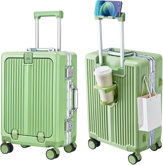 Aluminum Frame Carry On Luggage with Front Pocket, Green