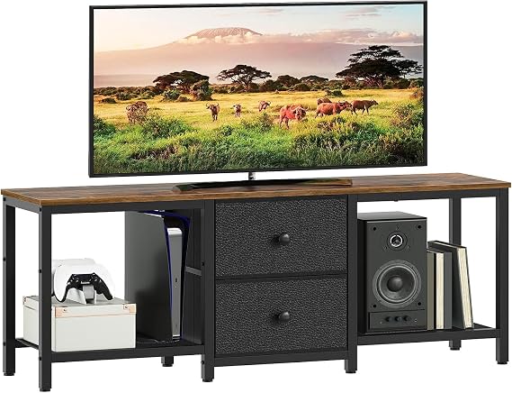 YATINEY TV Stand for TVs up to 55", Entertainment Center with 2 Fabric Drawer, Media Console with Shelves, Television Stands for Living Room, Bedroom, Rustic Brown and Black DS02BR