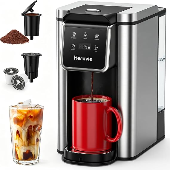 Horavie Single Serve Coffee Maker for K-Cup Pod & Grounds, Hot & Iced Coffee Maker, Strong Button Feature, 6 to 14oz Brew Sizes, 50oz Removable Reservoir, Fit 6.5" Mugs, Stainless Steel, Black