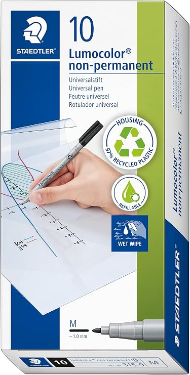 STAEDTLER 315-9 Lumocolor Non-Permanent Pen, Medium Line Width, 1.0mm - Black (Box of 10) | Water-soluble universal ink, medium tip – wipes off film & whiteboards, for OHP work – Art.-Nr. 315-9