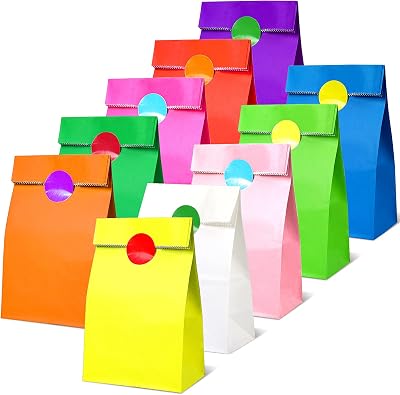 CHEPULA 50 Pack Paper Party Favor Bags,Goodie Bags with 60 PCS Stickers Small Gift Bag for Birthday Party Favor Supplies Size: 9.4  5.1  3.15