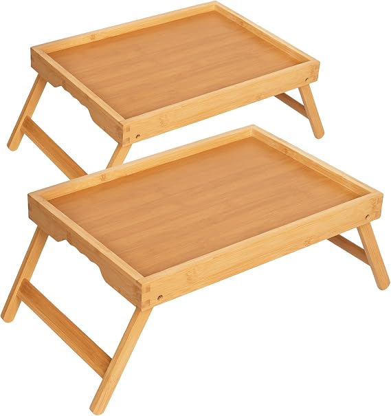 2 Pack Bamboo Bed Tray Tables with Folding Legs, Medium, Natural
