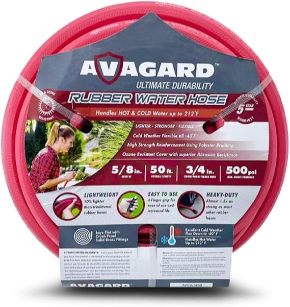 AVAGARD AVGWORD5850 5/8" x 50' Garden Hose, Heavy Duty Hot Water Rubber Hose with Solid Brass GHT Fitting, Extreme Weather Resistant for Construction, Agriculture, Farm, Car Wash, Lawn