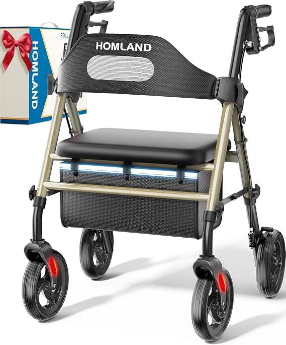 HOMLAND Foldable Rollator Walker with Seat for Seniors, 16" Enlarged Seat