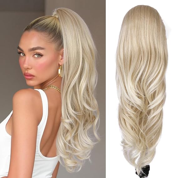 WIGER Ombre Blonde Long Wavy Layered Ponytail Extension 26 Inch Drawstring Ponytail Extension for Women Christmas Pony Tails Hair Extensions for Girls Daily Use
