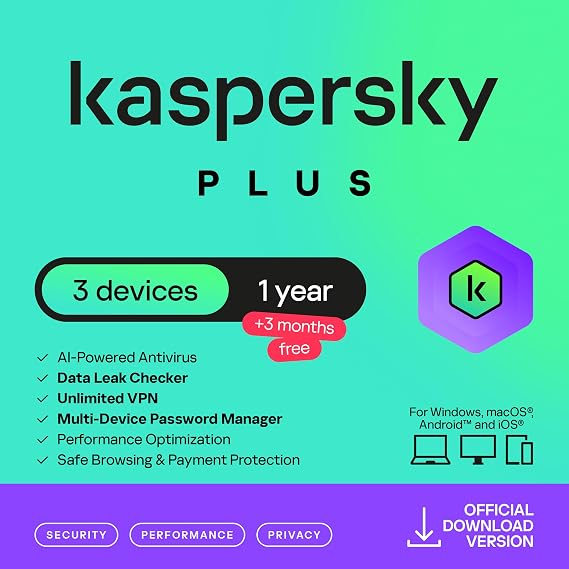 Kaspersky Plus Internet Security 2026 | 3 Device | 1 Year +3 Months Free | AI Powered Anti-Virus | Safe Browsing | Anti-Phishing | Unlimited VPN | Password Manager | PC/Mac/Mobile