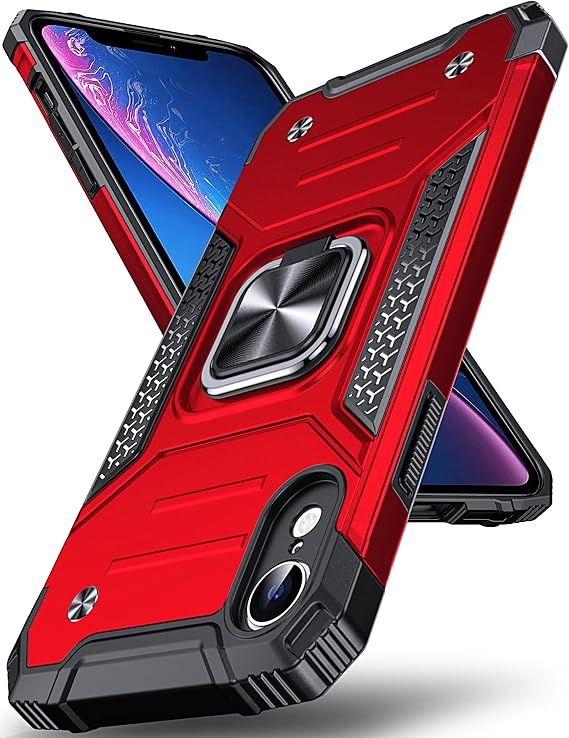 DASFOND Armor Case for iPhone XR Case with Camera Protection Military Shockproof Mobile Phone Case [Upgrade 2.0] 360 Degree Metal Ring Holder Stand Protective Cover [for Mobile Phone Holder Car Magnet] 6.1 Inches Red
