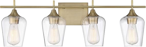 Savoy Essentials 8-4030-4-322 Octave Bohemian Clear Glass Bathroom Vanity Wall Light, 4-Light 240 Total Watts, 10" H x 29" W, Warm Brass