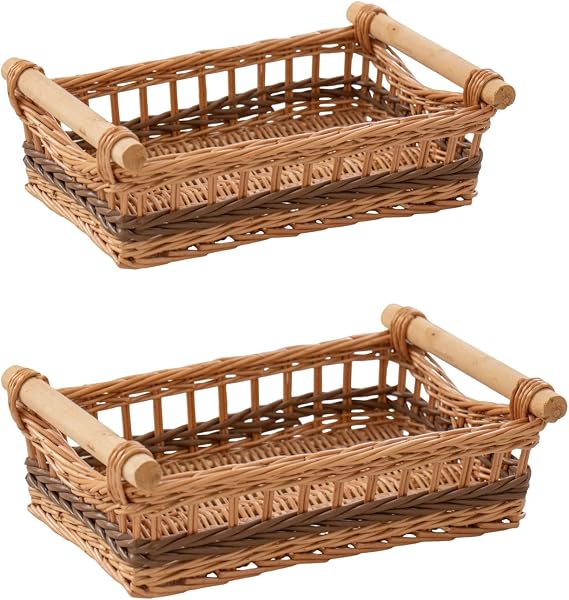 Rectangular Wicker Storage Basket with Wooden Handles, Set of 2
