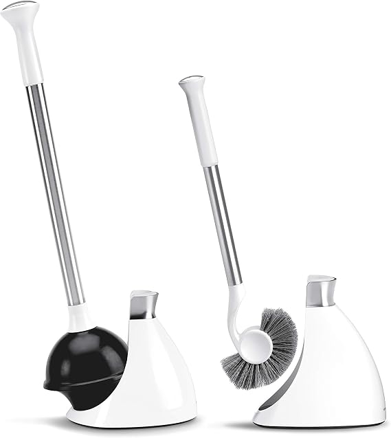 simplehuman Toilet Plunger and Toilet Brush Set with Holder, Magnetic Drip-Free Covers, Crescent Brush Head and Modern-Toilet Plunger Flange, Hidden Dome Storage, Stainless Steel, White