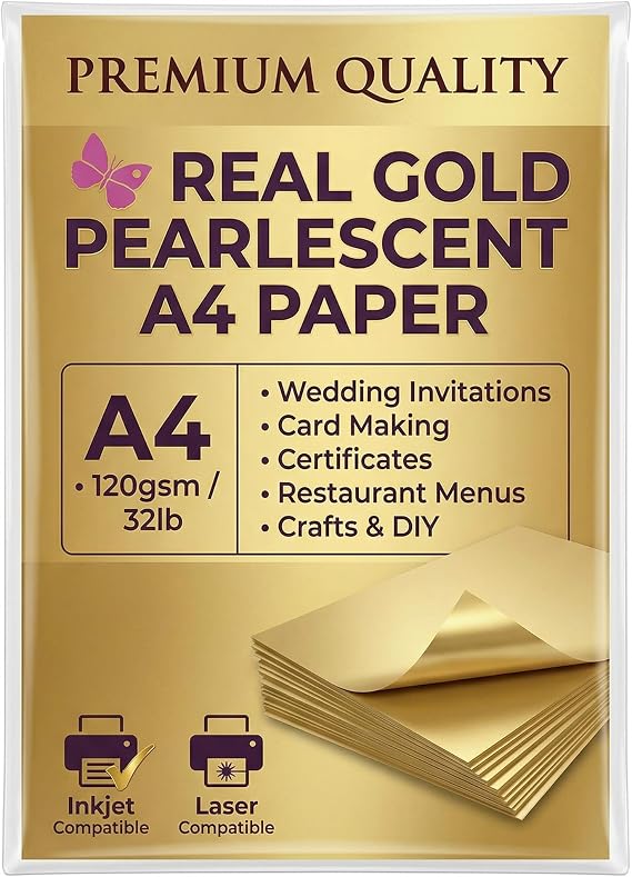Premium Pearlescent Paper A4 (8.27 x 11.7”) 120gsm (32lb Bond) – Shimmer Cardstock Sheets for Inkjet & Laser Printers – Ideal for Certificates, Invitations, Menus & Crafts (10, Real Gold)
