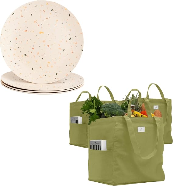 Nook Theory Bamboo Plates Set with Reusable Grocery Tote Everyday Dinnerware and Heavy Duty Canvas Shopping Bag (Celebration 10", Sage)