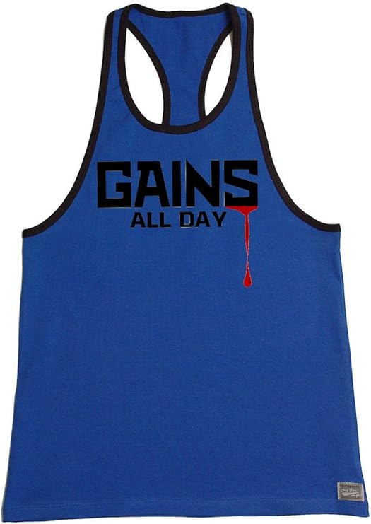 Blue Tank Top with Black Trim with Gains All Day Graphics