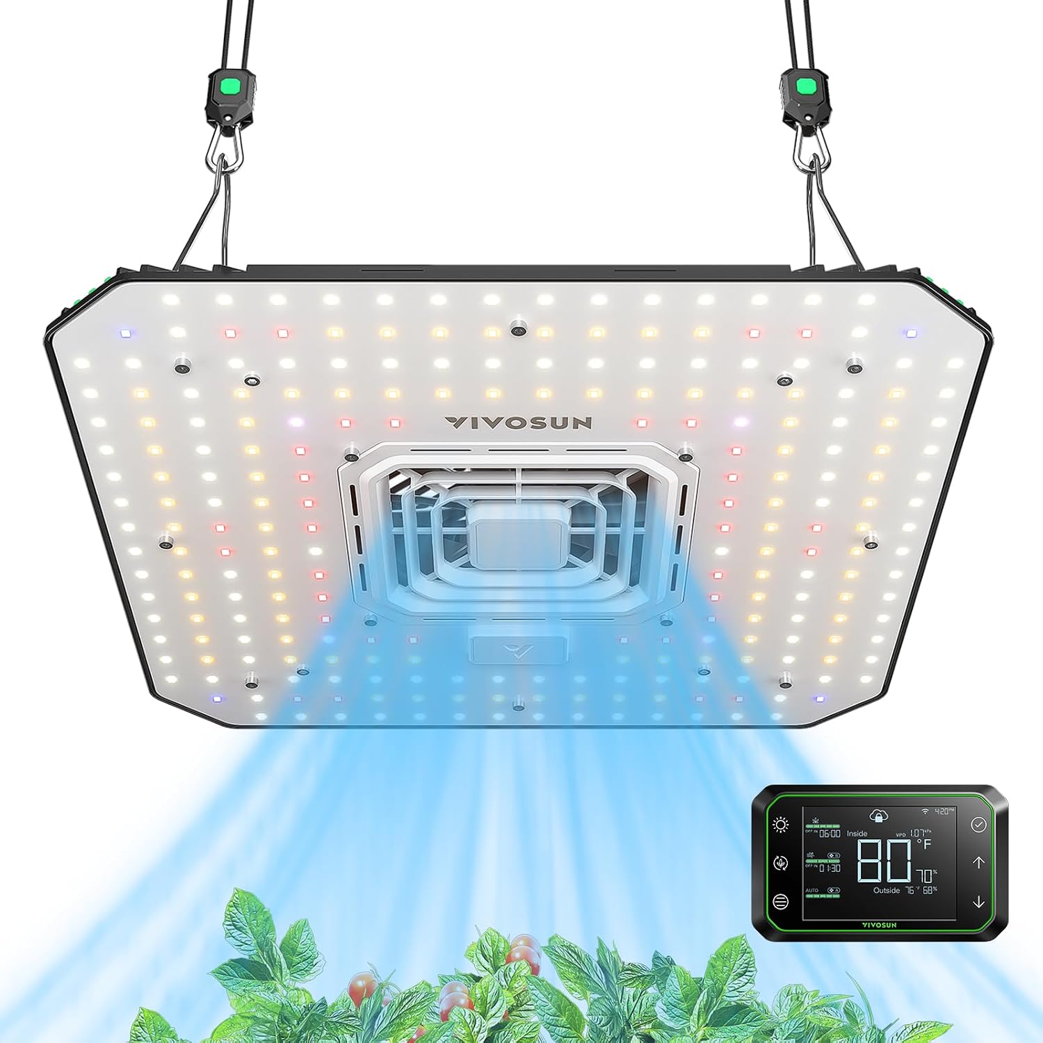 VIVOSUN LED Grow Light 100W with Integrated Circulation Fan & Growhub Controller E42A, AeroLight A100, Tunable Spectrum, Compatible with App & E25, 2 x 2 Ft. Coverage [Energy Class E]