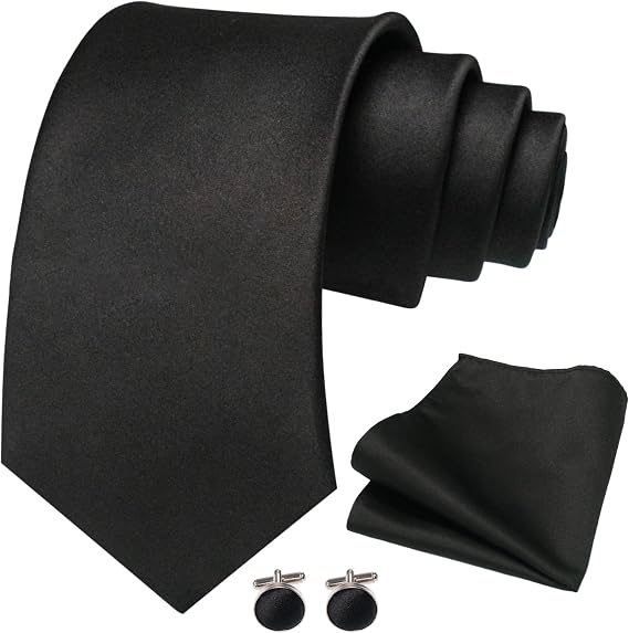 JEMYGINS Solid Color Tie and Pocket Square with Cufflinks Set for Men