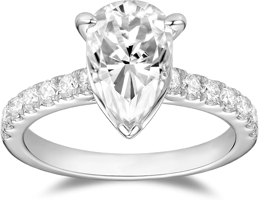 DovEggs 4ct Pear Moissanite Engagement Ring for Women Hidden Halo | FGH Color Cut Moissanite Solitaire Sterling Silver with 18K White Gold Plated Wedding Anniversary Promise Ring for Her
