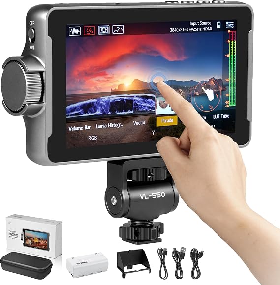 VILTROX DC-550 Pro Touch Screen DSLR Camera Field Monitor 4K HDMI, 5.5 Inch 1200 Nits Video Camera Monitor with Battery/Sunshade Hood, 3DLUT, Focus Peaking, Waveform, False Colors