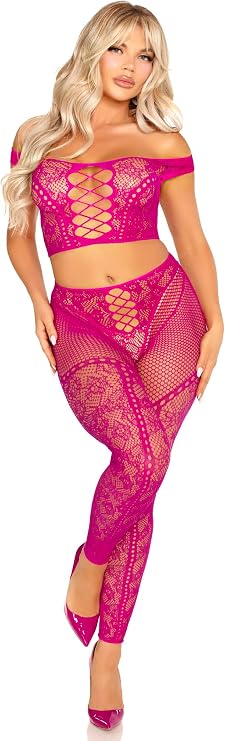 Leg Avenue Women's 2 Pc Net and Lace Off-the-shoulder Crop Top and Footless Tights