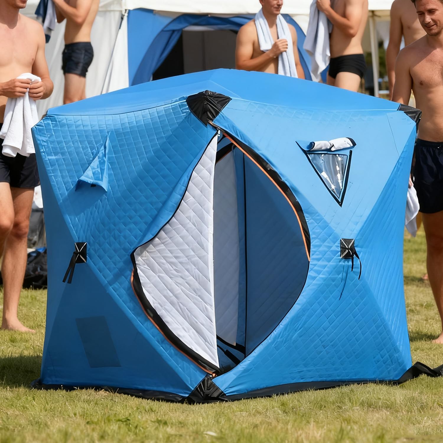 Quick-Opening Ice Fishing Shelter, Ice Fishing Insulated Tent for 1-2 Person with Stove Jack/Ice Fishing Mat, Detachable Ventilation Windows Oxford Fabric Metal Zipper Doors Blue