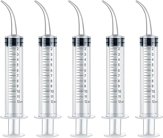 5 Pack Dental Syringe Disposable 12ml Dental Irrigation Syringe with Curved Tip for Oral, Dental Care, Tonsil Stone Squirt, Feed Pet, Liquid Injection, Oil, Glue, With Clear Measurement (C 5 Pack 12ml)