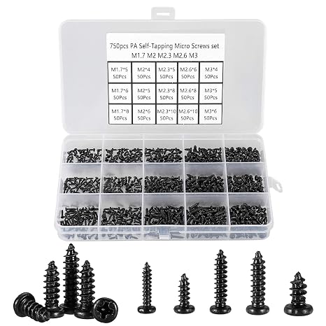 750 Pcs Small/Micro/Tiny/Mini Self-Tapping Screws, M1.7-M3 Phillips Pan Head, Cross Recessed, DIY Electronic, Carbon Steel (Black)