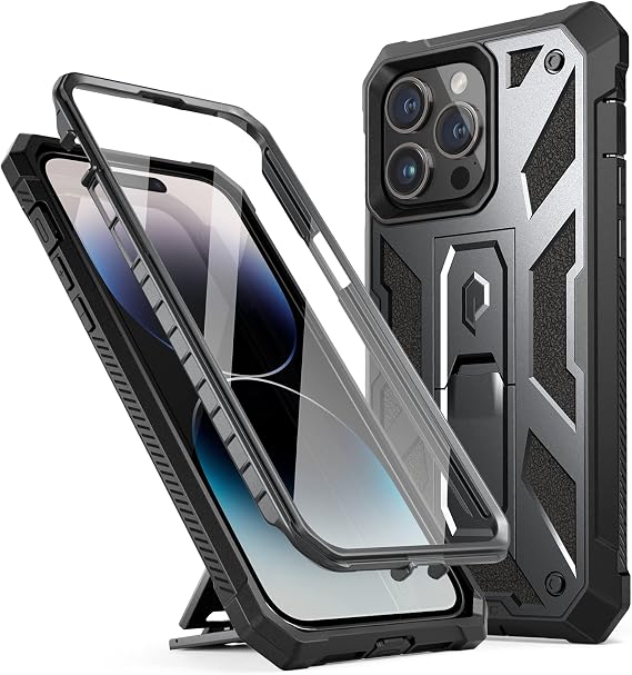 Poetic Compatible with iPhone 14 Pro Case, Spartan Phone Case for iPhone 14 Pro, Full Body Rugged Leather Texture Shockproof Protective Cover with Screen Protector and Kickstand, Metallic Gun Metal