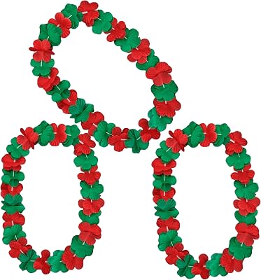 blinkee Hawaiian Christmas Flower Lei Necklace Set of 3 36 Red & Green Non-Light Up Floral Leis for Holiday Parties & Winter Luaus