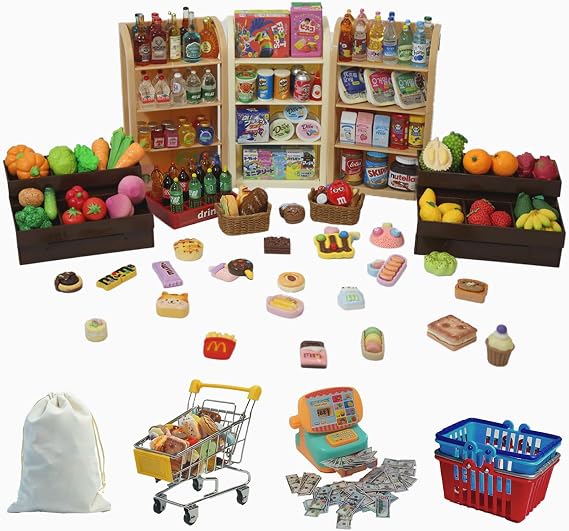 180Pcs Mini Shopping Cart Playset - Pretend Grocery Dollhouse Accessories Toys with Miniature Cash Register, 2 Fruit-Veggie Stands, 3 Shelves, 100+ Play Food - Educational Role Play Toys for Toddlers