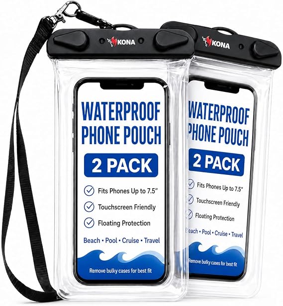 Kona Submariner Waterproof Phone Pouch, 2 Pack - IPX8 Cell Phone Dry Bag Compatible with iPhone 17 16 15 14 Pro Max, Samsung Galaxy S26 S25 S24 Ultra, Pixel 10 9 XL, Fits Up to 7.5"