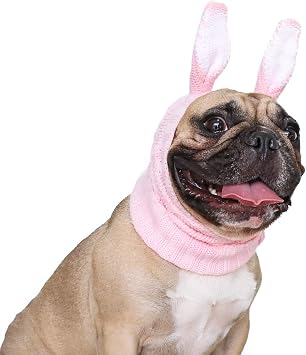 iChoue Dog Pink Easter Bunny Knitted Snood Ear Muffs Calming Hoodie Anxiety Relief Noise Canceling Headband Protection Cover Hood - Small