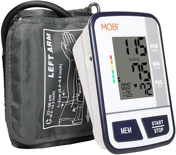 MOBI Upper-Arm Blood Pressure Monitor, Measures Systolic, Diastolic, Convenient for Caretakers, Stores 120 Readings, Adjustable Arm Cuff and Large LCD Display