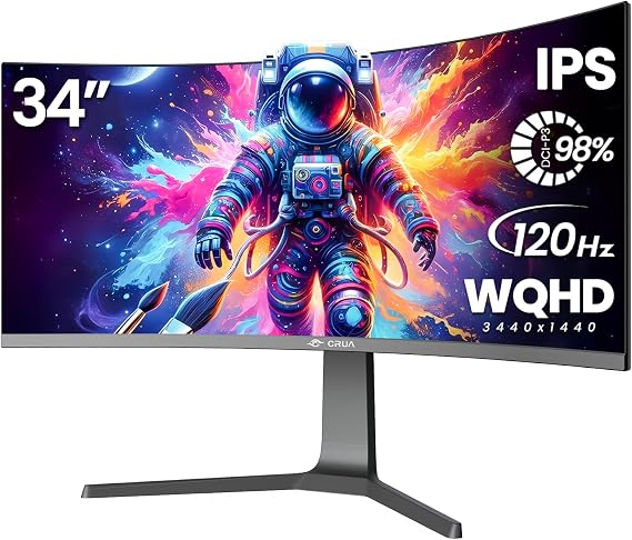 CRUA 34" Curved Gaming Monitor, IPS WQHD(3440x1440P) 120Hz 1900R 21:9 UltraWide PC Display, 130% sRGB, AMD FreeSync, Blue Light Filter, HDMI/DP Ports, Wall Mountable Installs Black