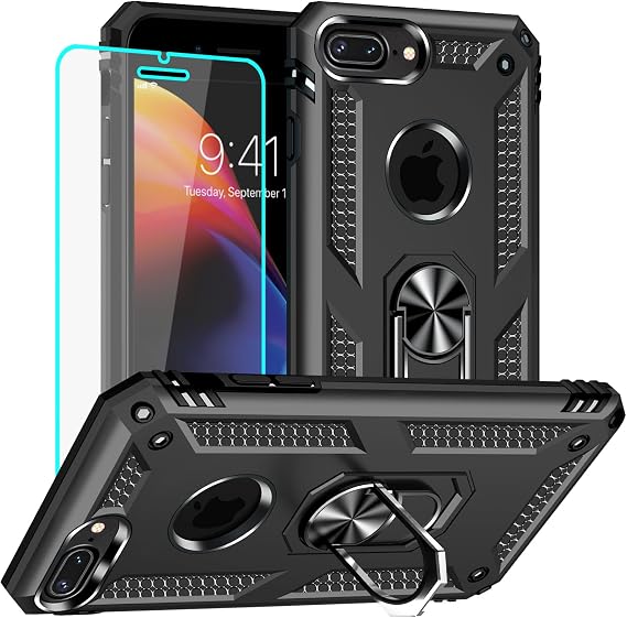 Yiakeng iPhone 8 Plusケース:iPhone 8 Plus電話ケース HDスクリーンプロテクター付き - ミリタリーグレードの保護ケースリング付き iPhone 8 Plus用ブラック