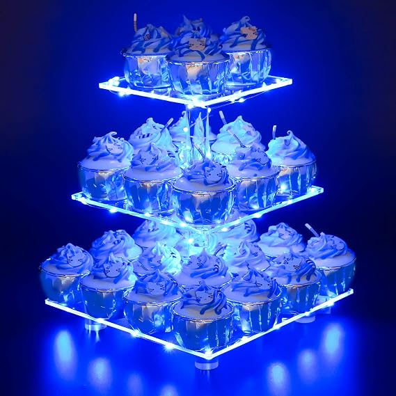 YestBuy 3 Tier Square Cupcake Stand - Premium Cupcake Holder - Acrylic Cupcake Tower Display - Cady Bar Party Decor + LED Light String - Ideal for Weddings, Birthday Parties( Blue Light)