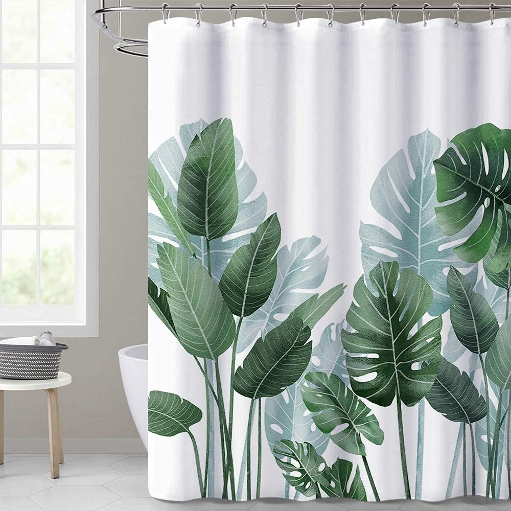 Bingobang Shower Curtains Set Mould Mildew Proof Resistant 180 x 180 cm 71x 71 Inch, 3D HD Nature Green Leaves Bathroom Curtains Washable Polyester with 12 Hooks for Wet Room
