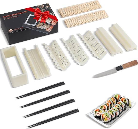 Sushi Making Kit Sushi Maker, 14 Pcs Sushi Kit for Beginners Sushi Roller Kit with Sushi Cutting Mold, Knife, Sushi Mats, Chopsticks(White)