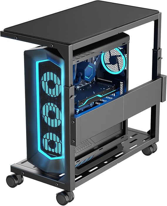 Aquzee PC Stand, Adjustable Computer Tower Stand, Black Heavy Duty Metal Under Desk CPU Floor Stand on Wheels, PC Case Trolley for Carpet, Rolling Computer Cabinet for Gaming Accessories, Printer