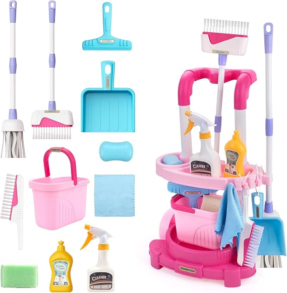 Kids Cleaning Set, Cleaning Carts Toy Set, Detachable Kids Mop Broom Set for Toddlers - Pretend Play Educational Toy (Pink)