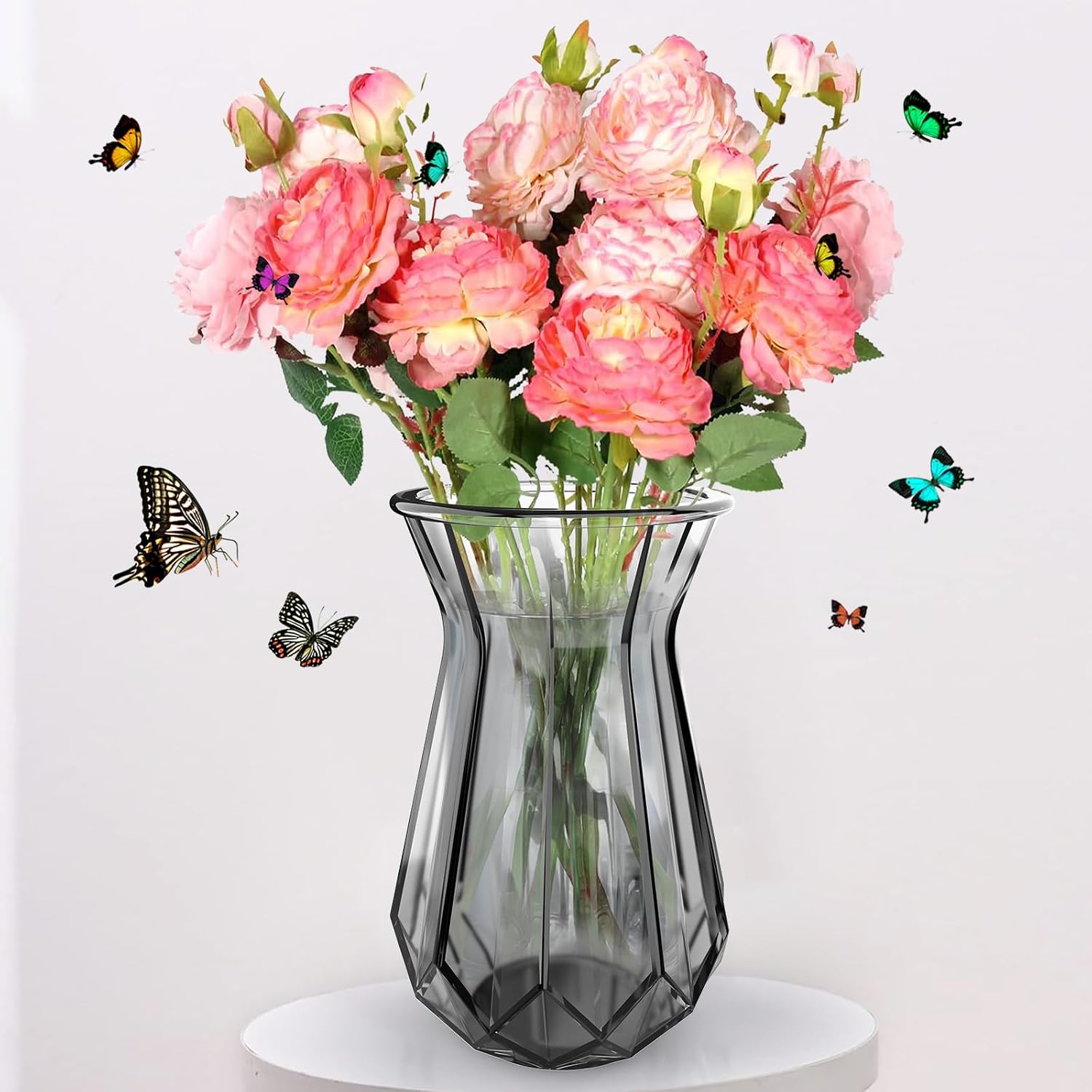 Modern Glass Vase, 7 Inch Diamond Crystal Clear Flower Vase for Home Office Decor Crystal Grey