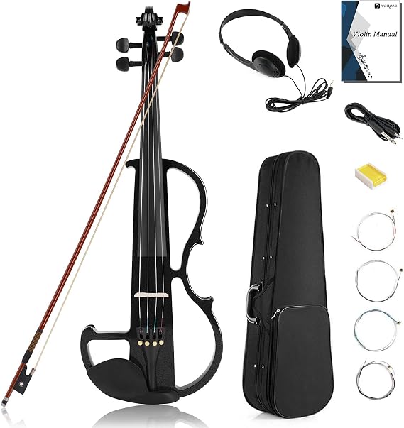 Vangoa Electric Violin 4/4 Full Size Silent Electronic Violin Fiddle, Black | Durable ebony fitting, upgraded pickup with headphone jack, solid wood, beginner Kit for adults teens quiet training practice