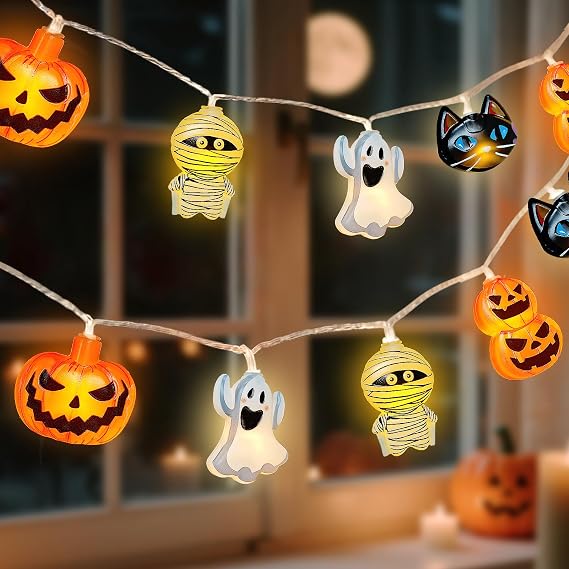 Halloween String Lights Indoor: 9.84 FT 20 LED Battery Operated Pumpkin Ghost Cat Lighted Decorations 8 Modes Waterproof Timer for Window Porch House Room Bedroom Party Decor