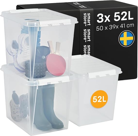 SmartStore - 3x Plastic Storage Box with Lid Classic 52L (50x39x41cm) |Plastic Storage Drawers with Lid|Food-Safe Material|Kitchen & Organisation|Durable Container for Home & Office|