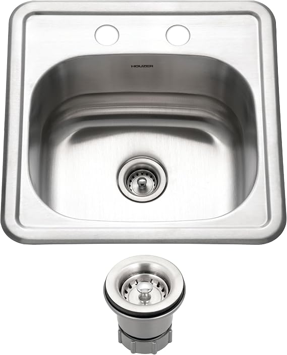 Houzer Hospitality Stainless Steel Bar & Prep Sink: 15 Inch Drop-In Topmount 2-Hole Sink for Bar & Kitchen, Durable & Versatile, Essential for Home & Apartment: 1515-6BS-C
