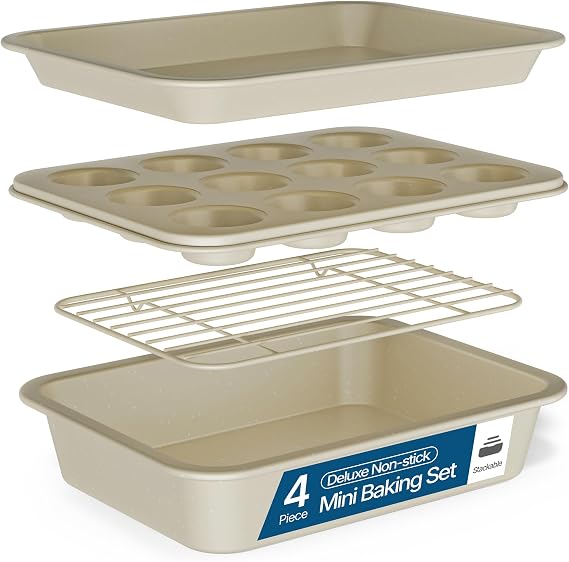 Bakken 4-Piece Bakeware Sets, Nonstick Carbon Steel Baking Sheet, Stackable Space-Saving Bakeware, Dishwasher Safe, Stain-resistant, PFOA, PFOS, PTFE Free, Oven Safe Up To 450F, White Marble