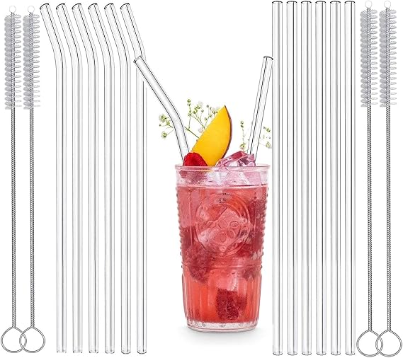 WUBAYI 16-Pack Glass Straws Eco-Friendly Reusable Drinking Clear with 4 Cleaning Brushes Suitable for Smoothies, Milkshakes, Tea, Juice - Dishwasher Safe(Set of 6 Straight & Curved)