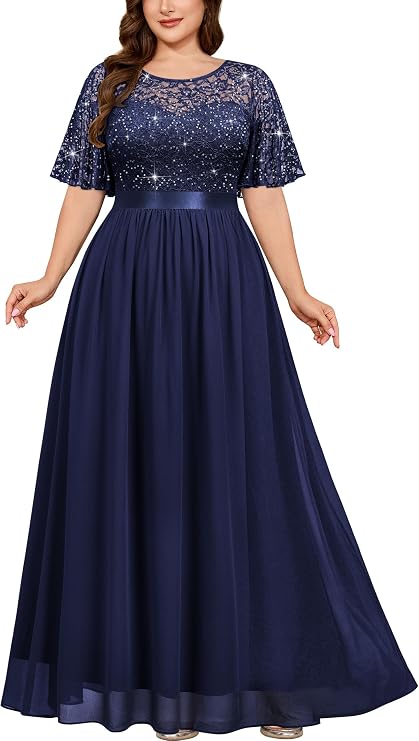 Miusol Women's Plus Sequin Lace Flutter Sleeves Mother of the Bride Dress