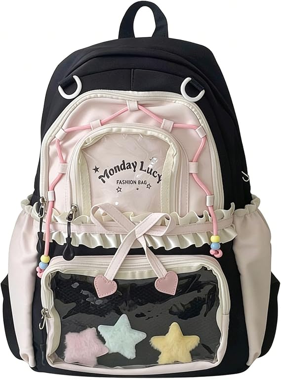Kawaii ita Backpack - Cute Backpack Coquette Aesthetic Back Pack Y2K Daypack with Clear Pockets with Clear Pockets (Black)